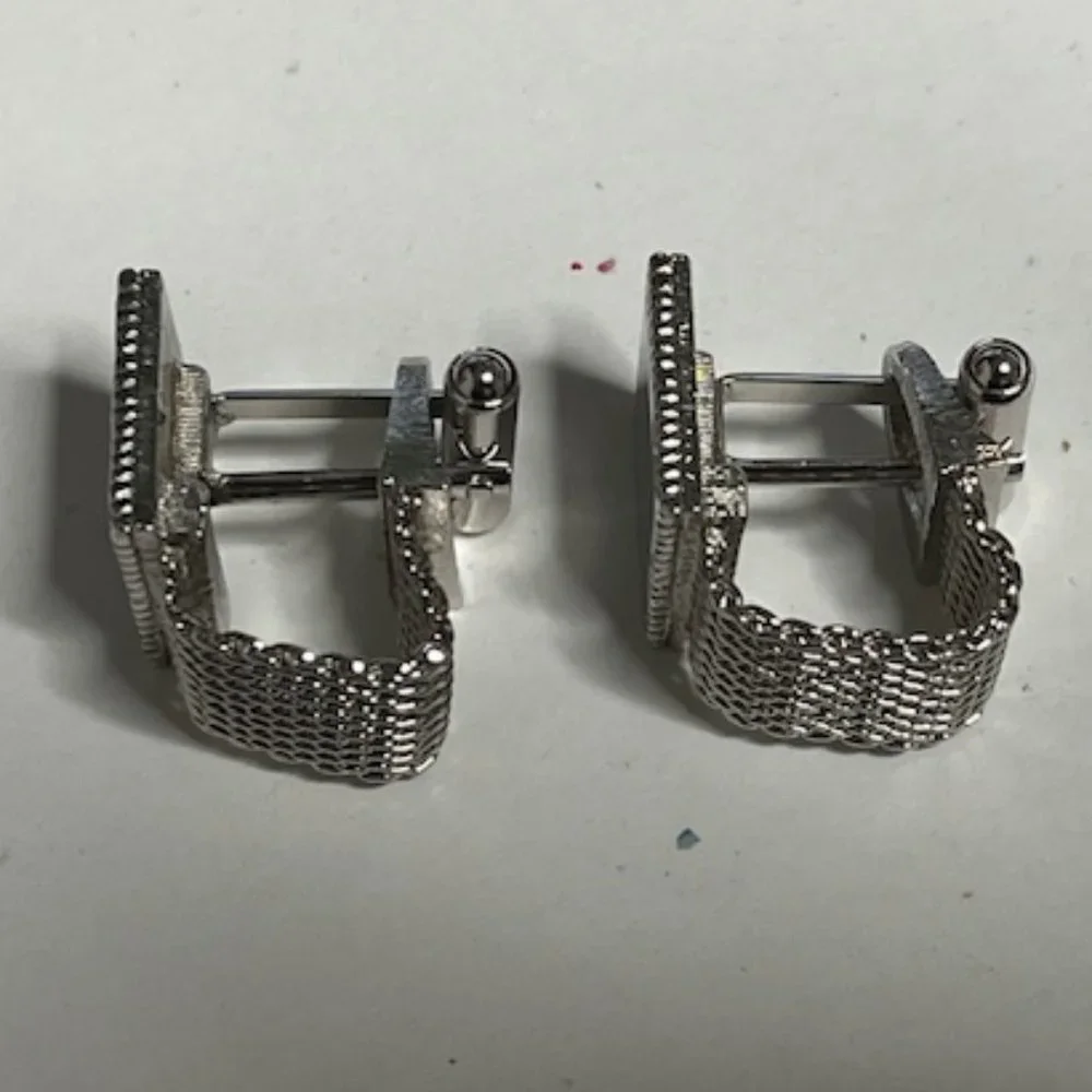 VTG Silver Tone Mesh Wrap Square Frame Flip Cufflinks Retro Gift